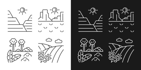 Landforms linear icons set for dark and light mode. Sediment and rock land formation. Jungle and rainforest. Customizable thin line symbols. Isolated vector outline illustrations. Editable stroke