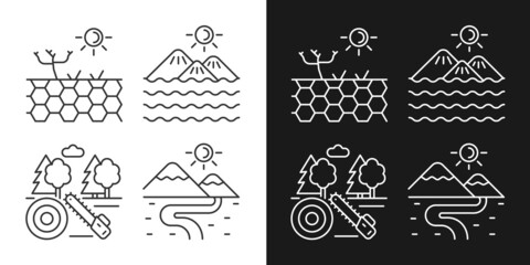 Diverse landforms linear icons set for dark and light mode. Barren and working ground. Forest cutting industry. Customizable thin line symbols. Isolated vector outline illustrations. Editable stroke