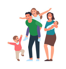 Fototapeta premium Happy family standing together. Fun cartoon children and parents