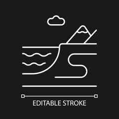 Coastal land white linear icon for dark theme. Sea and ocean shore. Coastline. Watershed landform. Thin line customizable illustration. Isolated vector contour symbol for night mode. Editable stroke