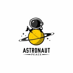 vector illustration of astronaut logo planting a flag on the planet