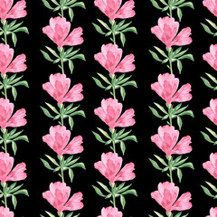 Watercolor seamless pattern with Pink flowers on black isolated background. Decorative, festive, repetitive, bright hand drawn style print.Design for textiles, wrapping paper, packaging, fabric.