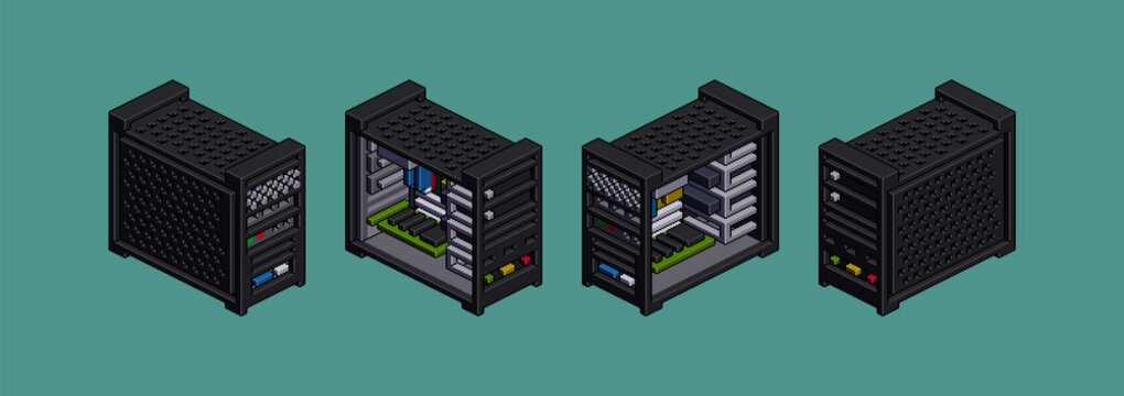 Workstation in pixelart style in isometric projection from four sides. Vector illustration.