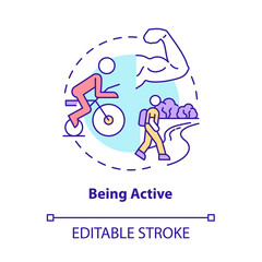 Being active concept icon. Risk of arthritis reduction abstract idea thin line illustration. Energetic lifestyle. Physical health. Vector isolated outline color drawing. Editable stroke