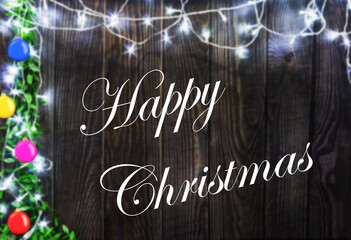Christmas wooden background with lights and balls