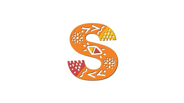Letter S. Ethnic ornament, national pattern in letter. 3 colors. 4K video. Isolated on white background. Cartoon Animation. Capital Letter S for education, erudition, ABC, software, interface game.