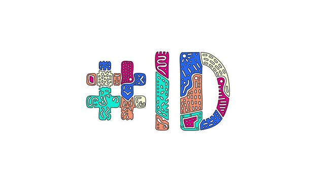 Hashtag #ID. Animated text isolated on White background, 4K video. Colored funny doodle letters, unique style. Hashtag ID is abbreviation for US American state Idaho.