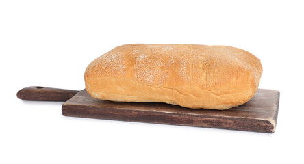 Wooden board with delicious freshly baked crispy ciabatta isolated on white