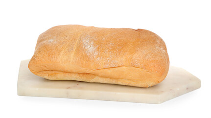 Marble board with delicious freshly baked crispy ciabatta isolated on white