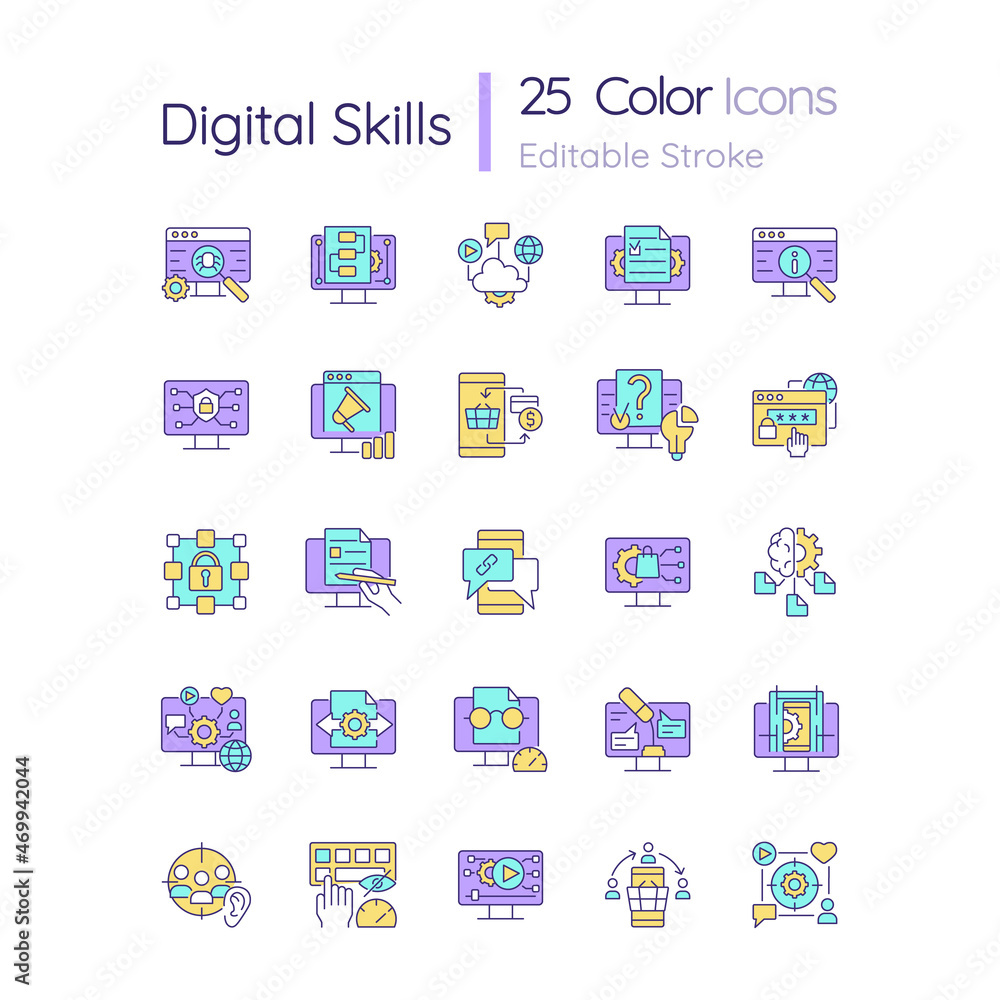 Poster digital skills rgb color icons set. gaining literacy competencies in digital era. technological prof
