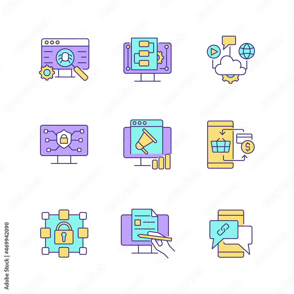 Poster digital proficiency rgb color icons set. identifying risks. internet safety. cloud solutions. cashle