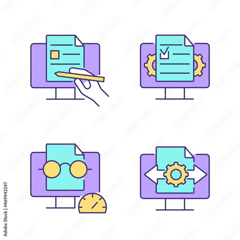 Poster proficiency in document management rgb color icons set. digital writing. speed reading. decision mak