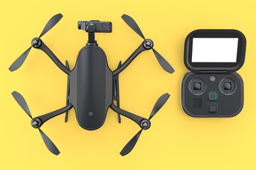 Photo and video drone or quad copter with action camera and remote on yellow