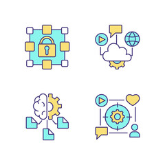 Digital inclusion RGB color icons set. Cloud computing. Machine learning. Encrypted data storage. Manage focus. Isolated vector illustrations. Simple filled line drawings collection. Editable stroke