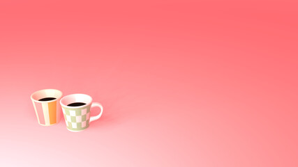 二つのかわいいコーヒーカップ　ピンク背景　俯瞰　3DCG