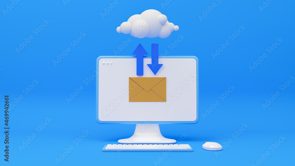 Poster transferring data to a cloud network server, computer with envelope,cloud,arrow isolated on blue bac