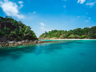 Ko Rang Island. Scenic rocky island, clear turquoise seawater and coral reef. Beautiful snorkeling spot in Mu Koh Chang National Park, Trat, Thailand.