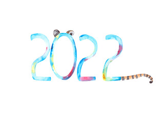 Watercolor figures of the new year 2022, isolated on a white background with tiger ears and tail.