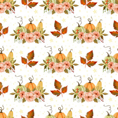 Autumn watercolor seamless pattern, flowers, pumpkins, leaves.