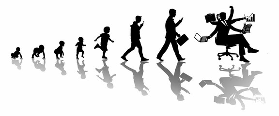 Fototapeta na wymiar Funny evolution of work - from toddler to child, through teenager and adult. Copy space. Black silhouettes on a white background. Vector illustration. Perfect for website banner, printed t-shirt.