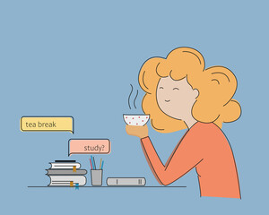 Illustration of a girl sitting at a table with books and drinking tea. Tea break.