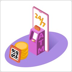 Online payment. ATM mockup and mobile phone and coin and qr code. 3d isometric vector illustration. Popular flat colors.