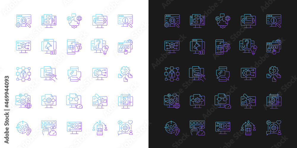 Aufkleber digital skills gradient icons set for dark and light mode. gaining literacy competencies. thin line 