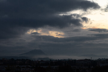 Sainte Victoire mountain in the light of the rising sun in autumn