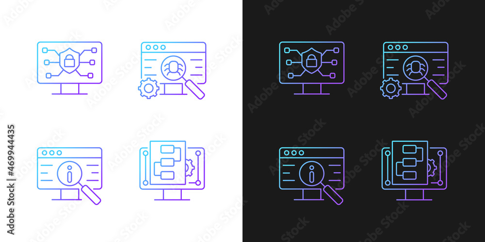 Poster use of digital technologies gradient icons set for dark and light mode. staying safe online. thin li