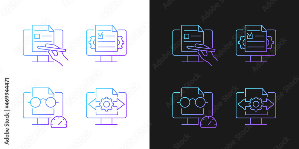 Poster proficiency in document management gradient icons set for dark and light mode. digital writing. thin