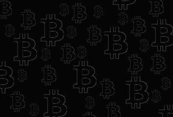 Obraz premium Background, banner and wallpaper for design. The bitcoin symbol is at different angles, chaotic on a black background. Pattern. 3d