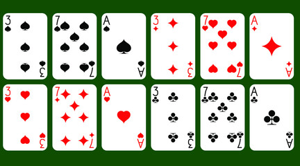playing cards of four suits on a green background, 3, 7, Ace