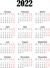 Simple flat vector calendar 2022 in American English