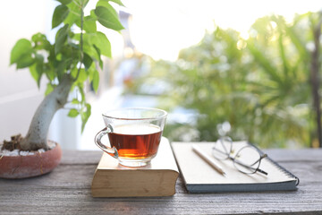 Hot tea and book, notebook and plant pot