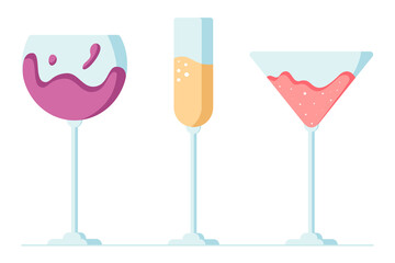 Set with glass cocktails, wine, champagne and vermouth, celebrate, cheers and drinking alcohol cocktails. Cartoon vector illustration in flat style. Vector illustration