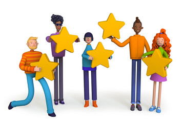 People are holding stars, giving five star feedback. Clients evaluating product, service, customer satisfaction assessment concept. 3d illustration on white background.