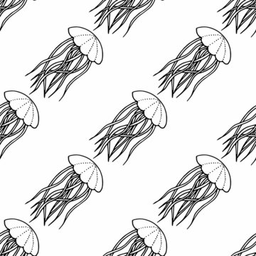 Seamless pattern with black-and-white jellyfish on white background. Vector image.