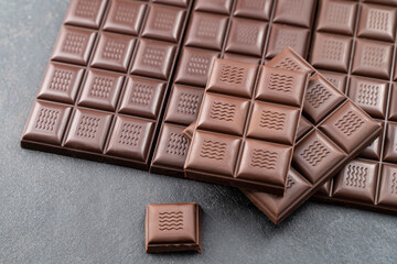 Handmade chocolate bar copy space. Black bitter craft chocolate on white background. Healthy food...