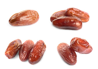 Set with tasty dried dates on white background