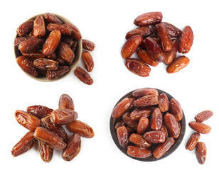 Set with tasty dried dates on white background, top view