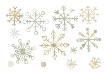 Set of snowflakes. Watercolor clipart.  Elements isolated on white background.