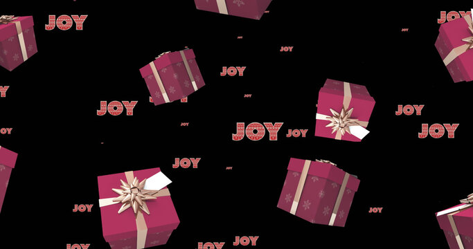 Image of joy text in repetition at christmas and presents on black background
