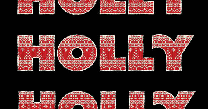 Image of holly text in repetition at christmas on black background