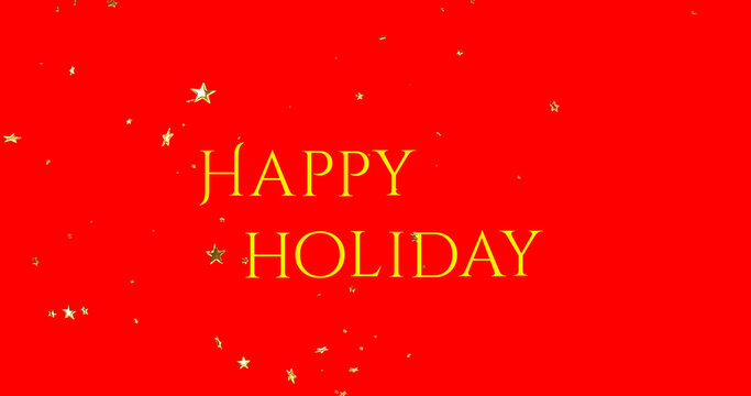 Image of happy holiday text at christmas and stars on red background
