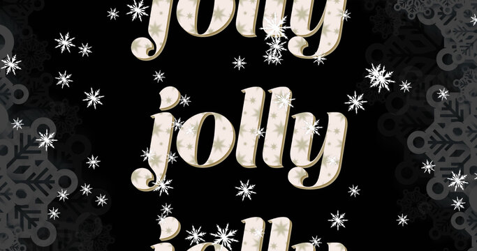 Image of jolly text in repetition at christmas and snow falling on black background