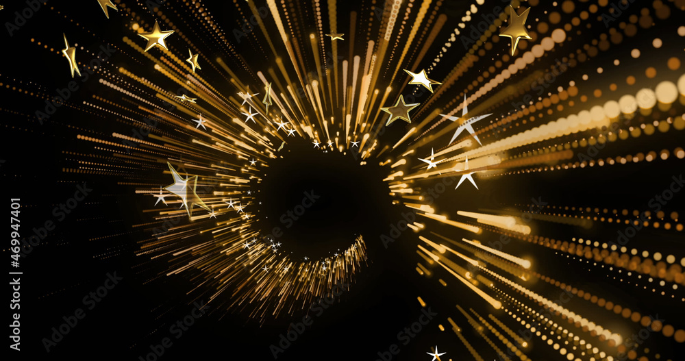 Poster image of stars floating over light trails on black background