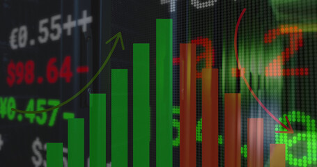 Image of data processing and statistics recording over green lights of computer servers