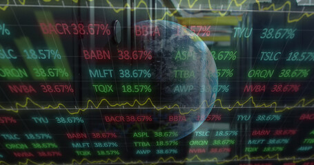 Image of data processing and globe over computer servers