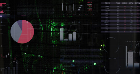 Image of data and statistics processing over green lights of computer servers