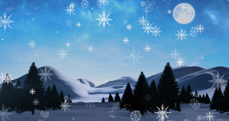 Fototapeta na wymiar Image of christmas snowflakes falling over snow covered landscape with full moon